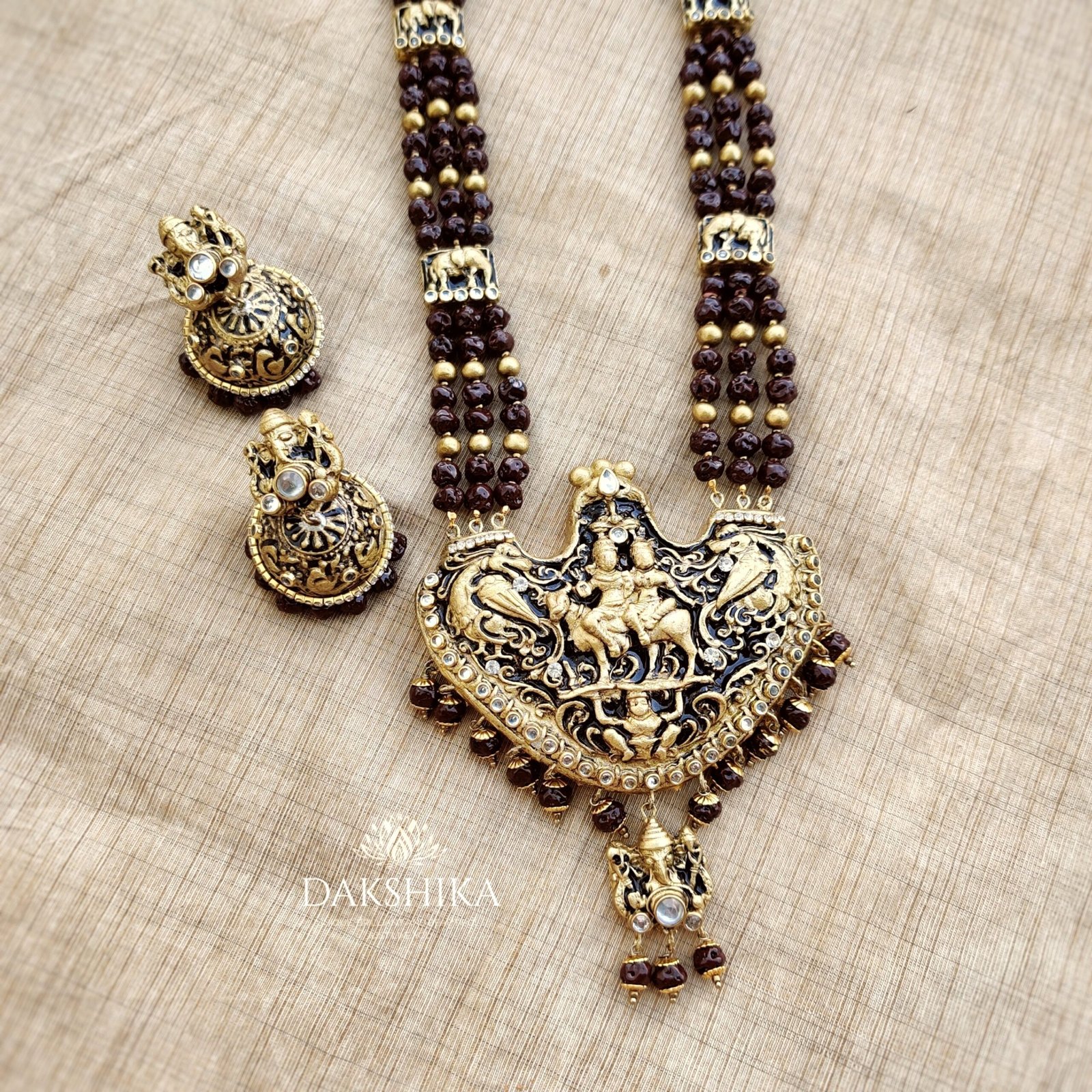 DEVI- Long Necklace with Big Size Jhumka ( Golden with Maroon )