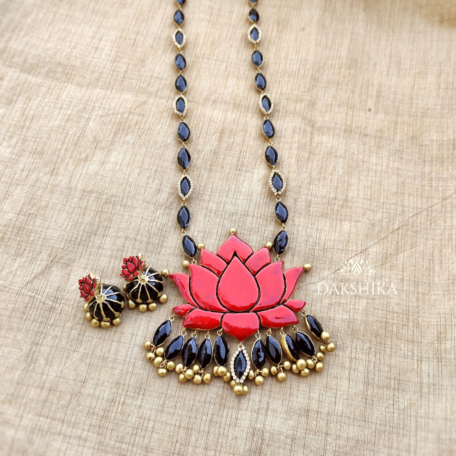 Ambuja- Long Necklace with Medium Size Jhumka ( RED AND BLACK)