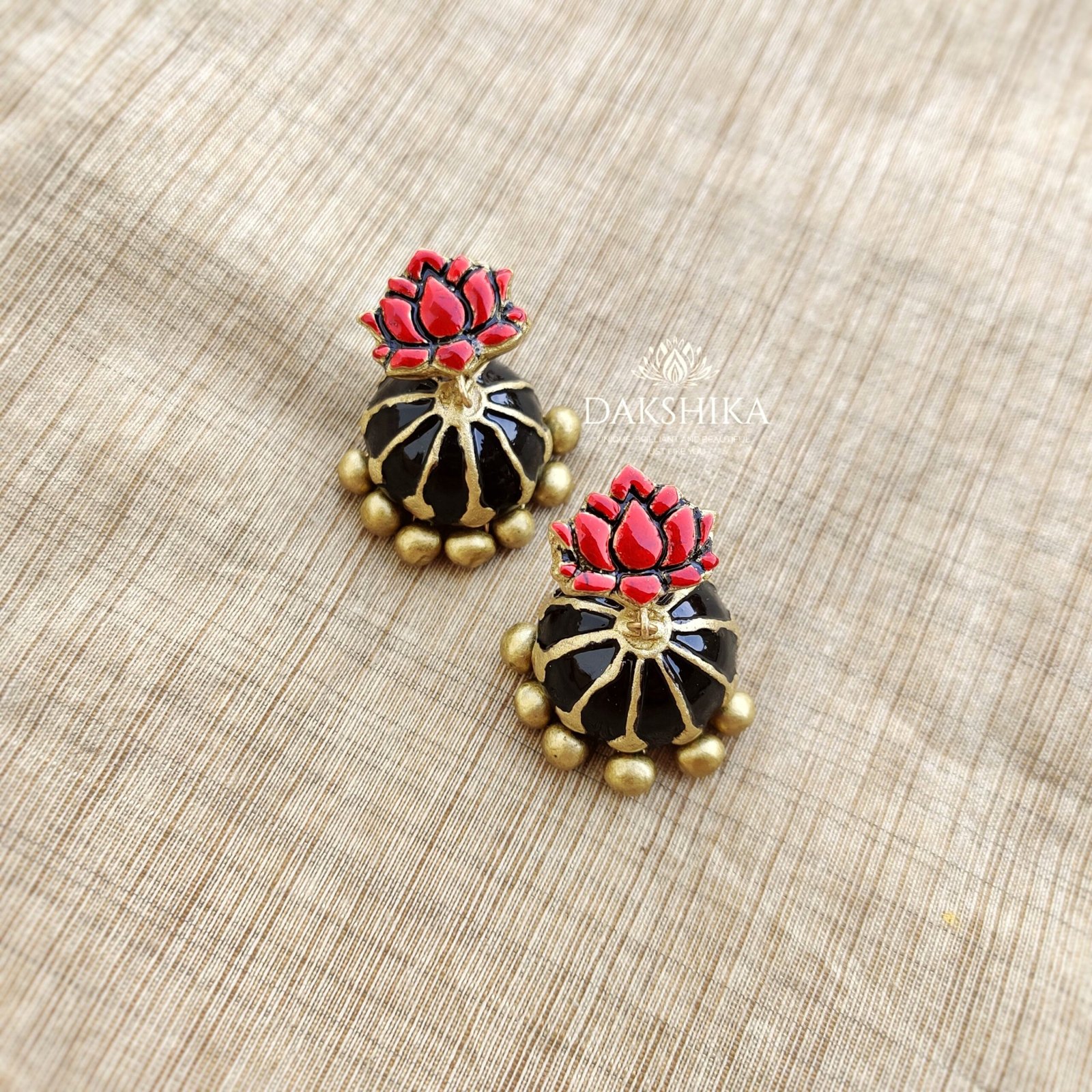 Lotus-Terracotta- Medium Size Jhumka ( Golden with Black and Red)