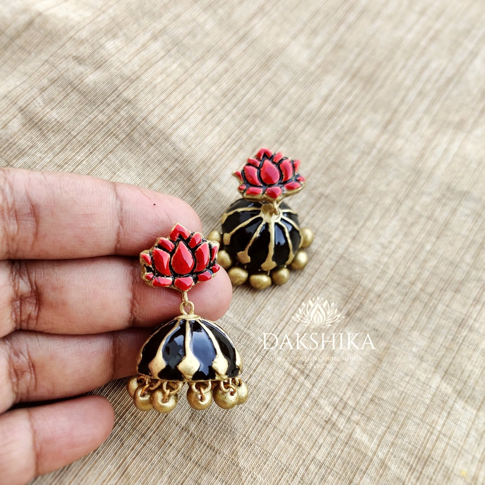 Lotus-Terracotta- Medium Size Jhumka ( Golden with Black and Red) - Image 2