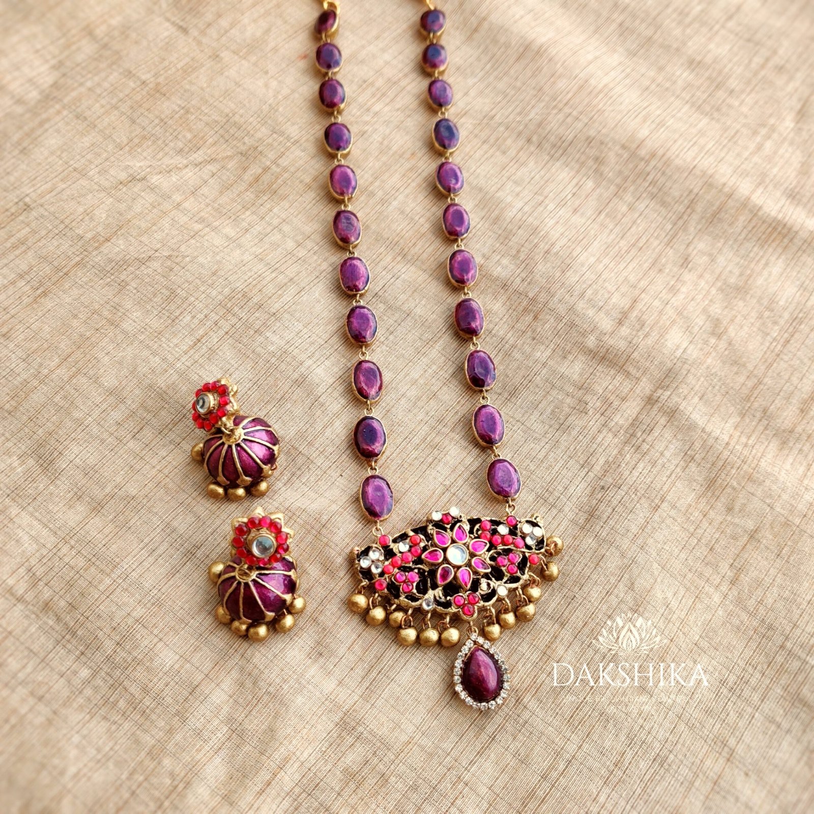 SITA- Long Necklace with Medium Size Jhumka ( RED And Purple)
