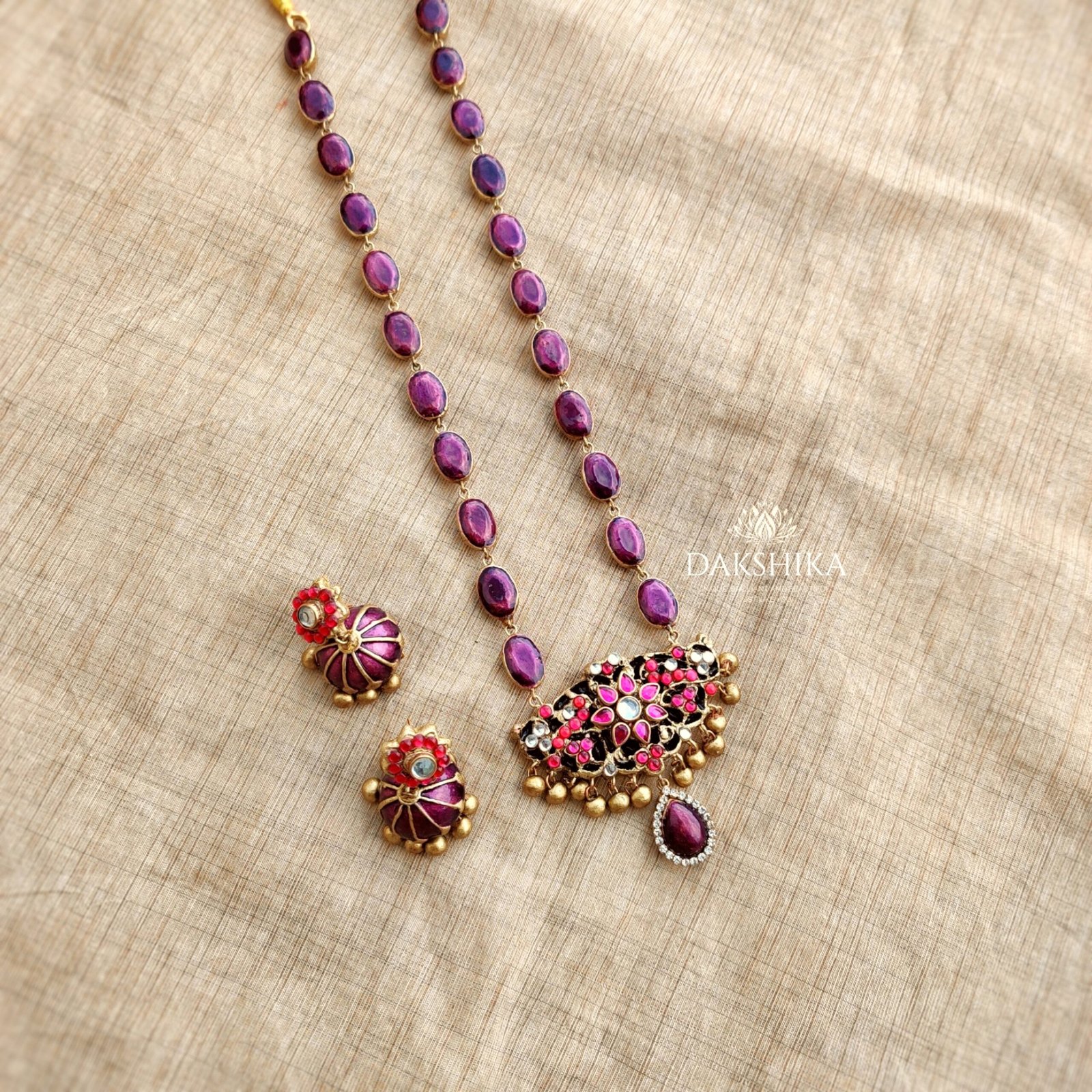 SITA- Long Necklace with Medium Size Jhumka ( RED And Purple) - Image 2