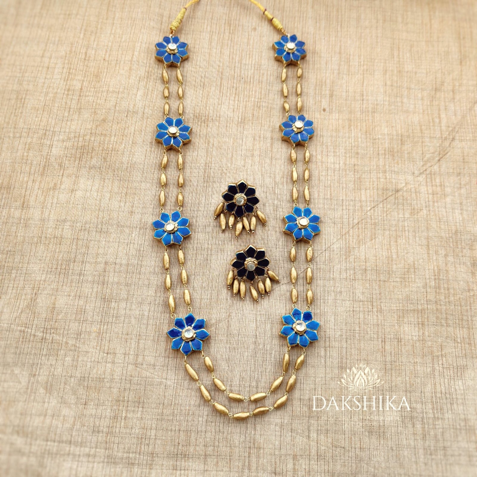 PUSHPA- Long Necklace with BIG Size Earrings (Golden with Sky Blue and Black ) - Image 2