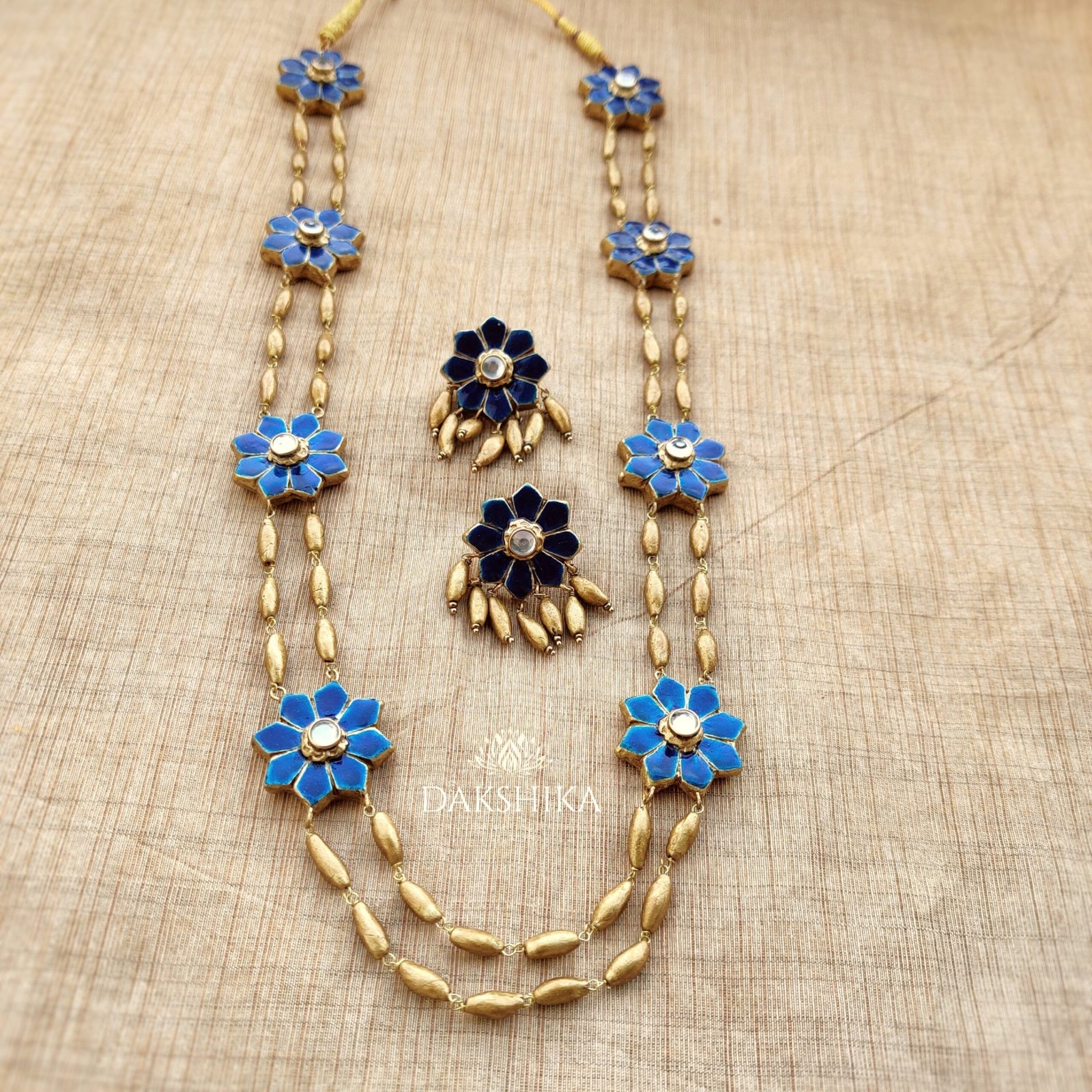 PUSHPA- Long Necklace with BIG Size Earrings (Golden with Sky Blue and Black )